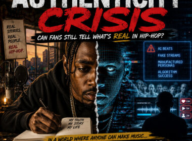 Hip-Hop editorial graphic featuring a male artist writing lyrics in a dimly lit urban studio on one side, contrasted with a futuristic AI-generated digital face and analytics interface on the other, symbolizing the tension between real human artistry and artificial music creation, with bold headline text “The Authenticity Crisis” and SpitFireHipHop branding.
