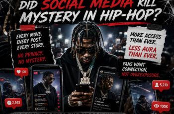 Hip-Hop editorial graphic featuring a rapper surrounded by smartphones, livestream screens, social media notifications, and camera flashes while looking down at his phone in a crowded environment, symbolizing the loss of mystery in modern Hip-Hop due to nonstop digital visibility, with bold headline text “Too Visible: Did Social Media Kill Mystery in Hip-Hop?” and official SpitFireHipHop branding.