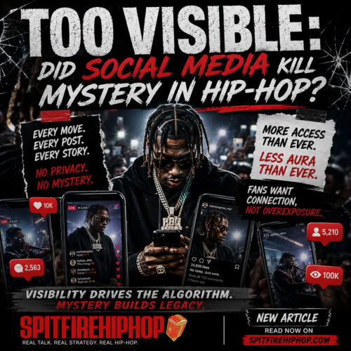 Hip-Hop editorial graphic featuring a rapper surrounded by smartphones, livestream screens, social media notifications, and camera flashes while looking down at his phone in a crowded environment, symbolizing the loss of mystery in modern Hip-Hop due to nonstop digital visibility, with bold headline text “Too Visible: Did Social Media Kill Mystery in Hip-Hop?” and official SpitFireHipHop branding.
