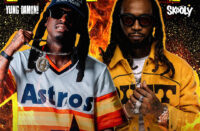 Vertical promotional graphic for “Pop It” featuring Yung Damon! and Skooly surrounded by glowing orange flames and bold gold lettering in a dramatic Southern Hip-Hop-inspired visual style.