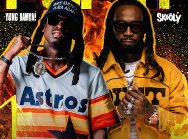 Vertical promotional graphic for “Pop It” featuring Yung Damon! and Skooly surrounded by glowing orange flames and bold gold lettering in a dramatic Southern Hip-Hop-inspired visual style.