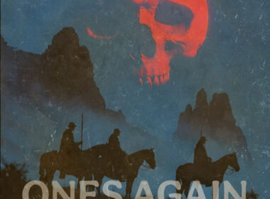 Cover artwork for CERTAIN.ONES single “Ones Again” featuring Aztek the Barfly and Bobby Craves. The artwork depicts three horseback riders traveling through a dark desert landscape beneath a massive red skull looming in the sky, creating a cinematic Western-horror atmosphere.