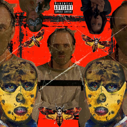 Cover art for “Silence Of The Lambs” by Choco Valens featuring horror-inspired imagery including masked faces, death's-head moths, distressed textures, and a vivid red background designed to evoke suspense and psychological tension.