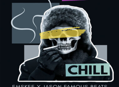 Cover artwork for “Chill” by Emskee and Jason Famous Beats featuring a stylized figure wearing a fur-lined hood with a skull face, cigarette in hand, abstract graphic elements, and the words “Real Hip-Hop” and “Chill” against a dark background.