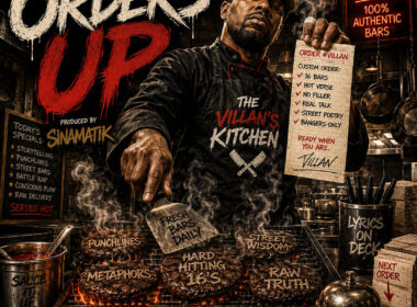 Cover artwork for Street Da Villan's single "Orders Up" produced by Sinamatik featuring Street Da Villan dressed as a chef inside a gritty kitchen, cooking metaphorical Hip-Hop bars on a grill surrounded by references to lyricism, punchlines, street wisdom, and authentic rap culture.
