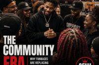 An independent artist standing among a circle of supporters at an intimate event, not performing for them but standing with them. Clean editorial composition, natural lighting, authentic expressions, minimal headline treatment, official SpitFireHipHop logo, human-designed Adobe Illustrator aesthetic.