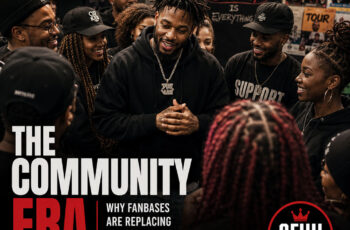 An independent artist standing among a circle of supporters at an intimate event, not performing for them but standing with them. Clean editorial composition, natural lighting, authentic expressions, minimal headline treatment, official SpitFireHipHop logo, human-designed Adobe Illustrator aesthetic.