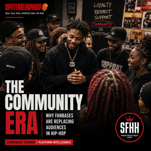 An independent artist standing among a circle of supporters at an intimate event, not performing for them but standing with them. Clean editorial composition, natural lighting, authentic expressions, minimal headline treatment, official SpitFireHipHop logo, human-designed Adobe Illustrator aesthetic.
