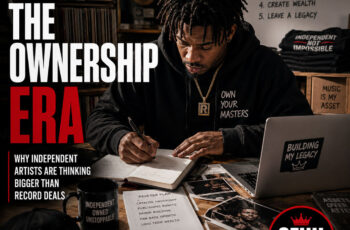 An independent artist sitting alone in a creative workspace reviewing contracts, notebooks, merchandise designs, and music release plans. Clean editorial composition, natural lighting, premium magazine feel, minimal typography, official SpitFireHipHop logo top-left, SFHH editorial badge bottom-right.
