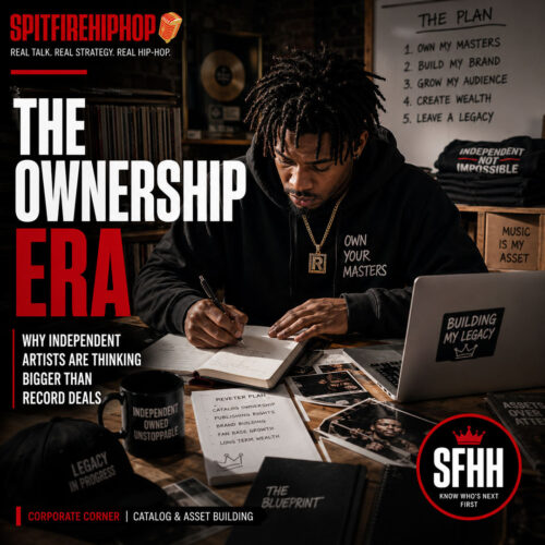 An independent artist sitting alone in a creative workspace reviewing contracts, notebooks, merchandise designs, and music release plans. Clean editorial composition, natural lighting, premium magazine feel, minimal typography, official SpitFireHipHop logo top-left, SFHH editorial badge bottom-right.