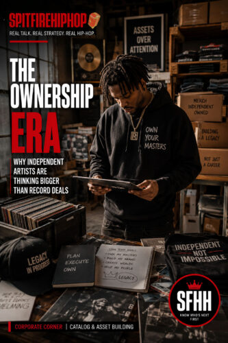 An artist standing inside a warehouse or creative studio surrounded by vinyl records, merchandise boxes, and branding materials, representing ownership of assets and independent growth. Different color grading from the square graphic, documentary-style photography, official SpitFireHipHop logo top-left, SFHH badge bottom-right.