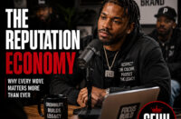 Ultra-realistic editorial Hip-Hop graphic featuring an independent artist in a thoughtful interview setting, symbolizing credibility, professionalism, and long-term reputation building, with minimal typography reading “The Reputation Economy” and official SpitFireHipHop branding.
