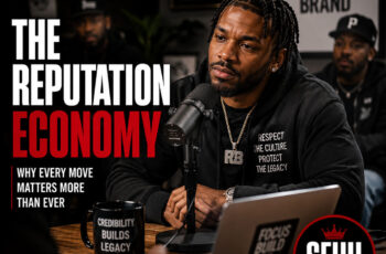 Ultra-realistic editorial Hip-Hop graphic featuring an independent artist in a thoughtful interview setting, symbolizing credibility, professionalism, and long-term reputation building, with minimal typography reading “The Reputation Economy” and official SpitFireHipHop branding.