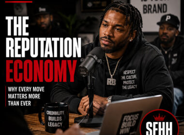 Ultra-realistic editorial Hip-Hop graphic featuring an independent artist in a thoughtful interview setting, symbolizing credibility, professionalism, and long-term reputation building, with minimal typography reading “The Reputation Economy” and official SpitFireHipHop branding.