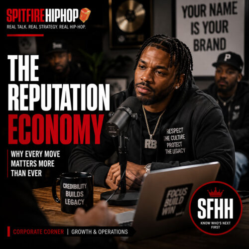Ultra-realistic editorial Hip-Hop graphic featuring an independent artist in a thoughtful interview setting, symbolizing credibility, professionalism, and long-term reputation building, with minimal typography reading “The Reputation Economy” and official SpitFireHipHop branding.