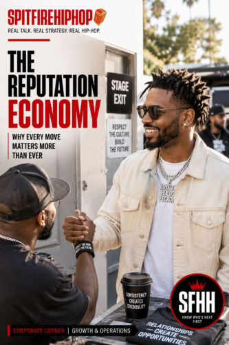 Vertical editorial Hip-Hop graphic showing an artist building professional relationships backstage after a live event, representing trust, reputation, and long-term career growth in Hip-Hop, with official SpitFireHipHop branding.