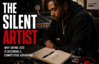 Ultra-realistic editorial Hip-Hop graphic featuring an independent artist sitting alone in a quiet recording studio after a session, surrounded by recording equipment and handwritten lyrics, symbolizing discipline, focus, and the power of strategic silence. Minimal typography reads “The Silent Artist,” with the official SpitFireHipHop logo and SFHH editorial badge.