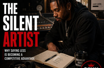 Ultra-realistic editorial Hip-Hop graphic featuring an independent artist sitting alone in a quiet recording studio after a session, surrounded by recording equipment and handwritten lyrics, symbolizing discipline, focus, and the power of strategic silence. Minimal typography reads “The Silent Artist,” with the official SpitFireHipHop logo and SFHH editorial badge.