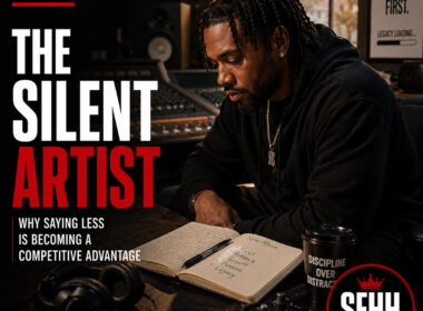 Ultra-realistic editorial Hip-Hop graphic featuring an independent artist sitting alone in a quiet recording studio after a session, surrounded by recording equipment and handwritten lyrics, symbolizing discipline, focus, and the power of strategic silence. Minimal typography reads “The Silent Artist,” with the official SpitFireHipHop logo and SFHH editorial badge.