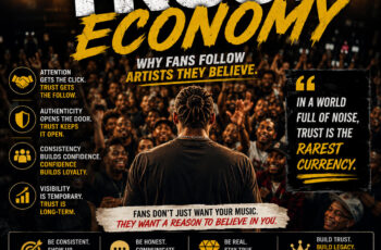 A modern Hip-Hop artist standing in front of a crowd of supporters instead of fans holding phones, with subtle visual cues showing connection, loyalty, and community. Warm lighting, ultra-realistic photography, premium editorial feel, official SpitFireHipHop logo placement, and headline: "The Trust Economy."
