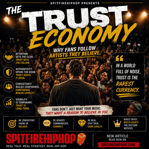 A modern Hip-Hop artist standing in front of a crowd of supporters instead of fans holding phones, with subtle visual cues showing connection, loyalty, and community. Warm lighting, ultra-realistic photography, premium editorial feel, official SpitFireHipHop logo placement, and headline: "The Trust Economy."