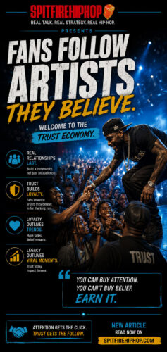 Vertical Hip-Hop editorial graphic featuring an artist connecting directly with supporters after a live performance, representing fan loyalty, authenticity, and trust-building in modern Hip-Hop, with official SpitFireHipHop branding and headline text about the trust economy.