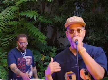E Reece performs "The Process" and "So Beautiful" live while producer Mr. Sonny James DJs during an outdoor performance in Los Angeles, California.