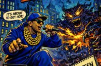 O.G. Spice performs in comic-book-inspired artwork promoting his album Thirteen Stories featuring vibrant city imagery and classic Hip-Hop aesthetics.