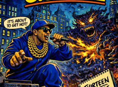 O.G. Spice performs in comic-book-inspired artwork promoting his album Thirteen Stories featuring vibrant city imagery and classic Hip-Hop aesthetics.
