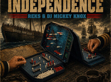 REKS and producer DJ Mickey Knox "Declaration Of Independence" single cover featuring colonial imagery, the Declaration of Independence, ships, shackles, and a symbolic Battleship game representing historical struggle and resistance.