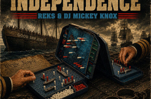 REKS and producer DJ Mickey Knox "Declaration Of Independence" single cover featuring colonial imagery, the Declaration of Independence, ships, shackles, and a symbolic Battleship game representing historical struggle and resistance.