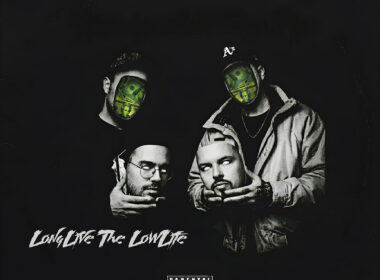 Slik Jack and producer Vincent Pryce promotional cover art for their single "LongLive The LowLife," featuring surreal masked portraits with money replacing facial features against a dark minimalist background.