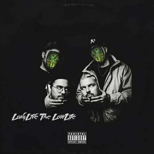 Slik Jack and producer Vincent Pryce promotional cover art for their single "LongLive The LowLife," featuring surreal masked portraits with money replacing facial features against a dark minimalist background.