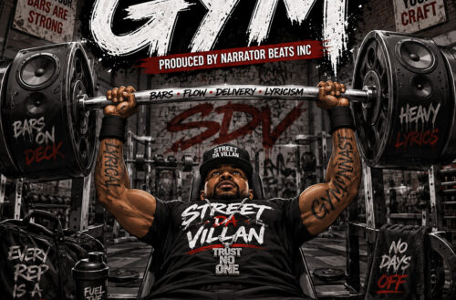 Street Da Villan bench presses oversized speaker weights on the cover of his single "In The Gym," produced by Narrator Beats Incorporated, symbolizing the discipline required to master bars, flow, delivery, and lyricism.