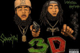 Illustrated cover art for Super Villains Association's single "3D," featuring Sauce Yin and Lokesea Mariano above large three-dimensional green and red "3D" lettering on a black background.