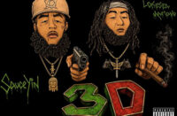 Illustrated cover art for Super Villains Association's single "3D," featuring Sauce Yin and Lokesea Mariano above large three-dimensional green and red "3D" lettering on a black background.