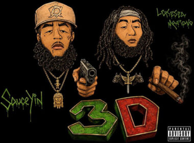 Illustrated cover art for Super Villains Association's single "3D," featuring Sauce Yin and Lokesea Mariano above large three-dimensional green and red "3D" lettering on a black background.