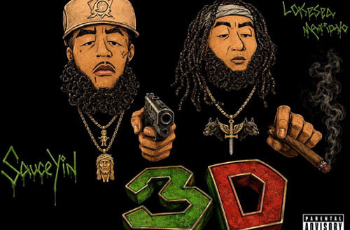 Illustrated cover art for Super Villains Association's single "3D," featuring Sauce Yin and Lokesea Mariano above large three-dimensional green and red "3D" lettering on a black background.
