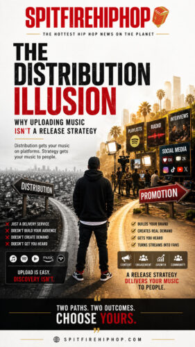 Editorial illustration showing an independent artist standing between two paths labeled "Distribution" and "Promotion," emphasizing that uploading music is only the beginning of a successful release strategy, branded with the official SpitFireHipHop logo.