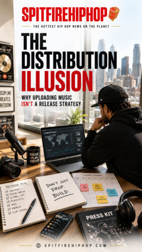 Editorial illustration showing an independent artist standing between two paths labeled "Distribution" and "Promotion," emphasizing that uploading music is only the beginning of a successful release strategy, branded with the official SpitFireHipHop logo.