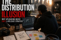 Editorial illustration showing an independent artist standing between two paths labeled "Distribution" and "Promotion," emphasizing that uploading music is only the beginning of a successful release strategy, branded with the official SpitFireHipHop logo.