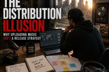Editorial illustration showing an independent artist standing between two paths labeled "Distribution" and "Promotion," emphasizing that uploading music is only the beginning of a successful release strategy, branded with the official SpitFireHipHop logo.
