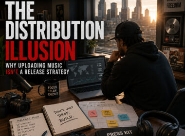 Editorial illustration showing an independent artist standing between two paths labeled "Distribution" and "Promotion," emphasizing that uploading music is only the beginning of a successful release strategy, branded with the official SpitFireHipHop logo.