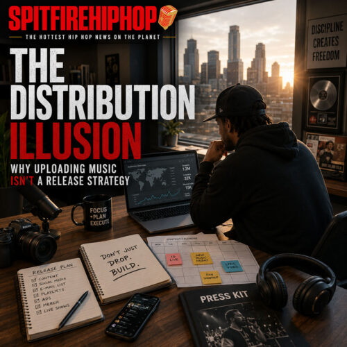 Editorial illustration showing an independent artist standing between two paths labeled "Distribution" and "Promotion," emphasizing that uploading music is only the beginning of a successful release strategy, branded with the official SpitFireHipHop logo.