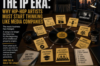 Corporate Corner graphic illustrating how Hip-Hop artists can transform a single song into an intellectual property ecosystem through merchandise, licensing, publishing, documentaries, podcasts, and brand partnerships.