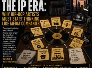 Corporate Corner graphic illustrating how Hip-Hop artists can transform a single song into an intellectual property ecosystem through merchandise, licensing, publishing, documentaries, podcasts, and brand partnerships.