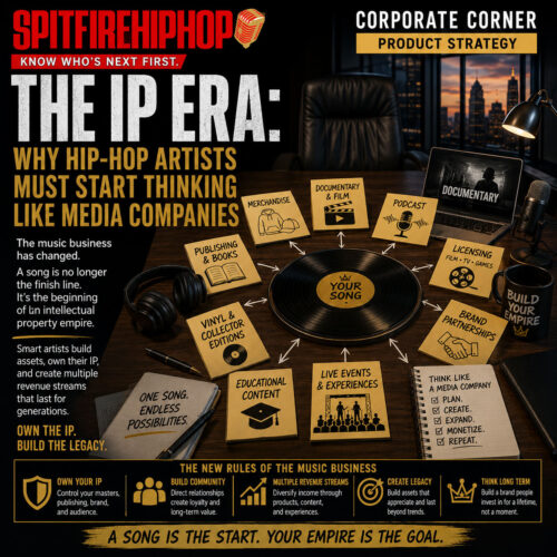 Corporate Corner graphic illustrating how Hip-Hop artists can transform a single song into an intellectual property ecosystem through merchandise, licensing, publishing, documentaries, podcasts, and brand partnerships.