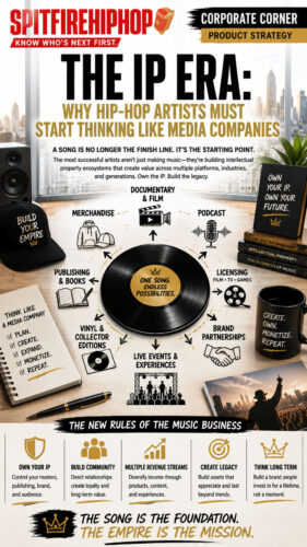Editorial infographic explaining why Hip-Hop artists should think like media companies by building intellectual property, diversifying revenue, and creating long-term business assets beyond music releases.