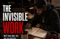 Ultra-realistic editorial photograph of an independent Hip-Hop artist sitting alone in a recording studio late at night reviewing handwritten lyrics after a recording session. The image symbolizes discipline, preparation, and the unseen work behind success, with the official SpitFireHipHop logo, SFHH editorial badge, and headline reading "The Invisible Work."