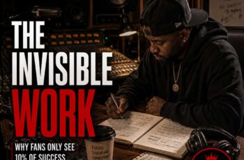 Ultra-realistic editorial photograph of an independent Hip-Hop artist sitting alone in a recording studio late at night reviewing handwritten lyrics after a recording session. The image symbolizes discipline, preparation, and the unseen work behind success, with the official SpitFireHipHop logo, SFHH editorial badge, and headline reading "The Invisible Work."